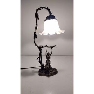 Vintage Art Nouveau Bronze Girl On A Swing Table Lamp Tulip Lampshade RARE